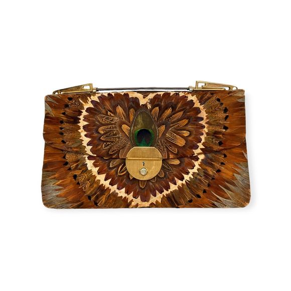 Vintage Ostrich and Pheasant Feather Embellished Convertible Handbag Clutch - Picture 6 of 9